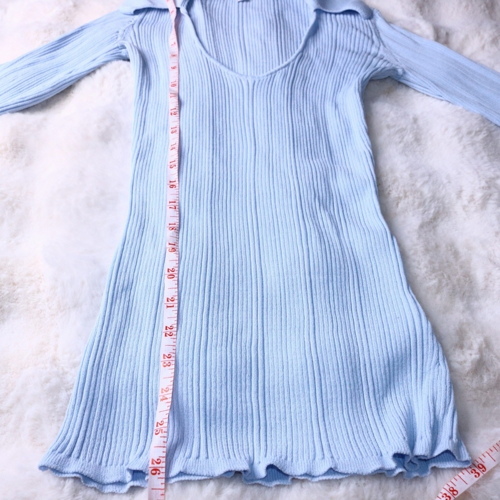 FREE SHIPPING Ronny Kobo Light Blue Ribbed Collared Long Sleeve Top, XS - Picture 5 of 8